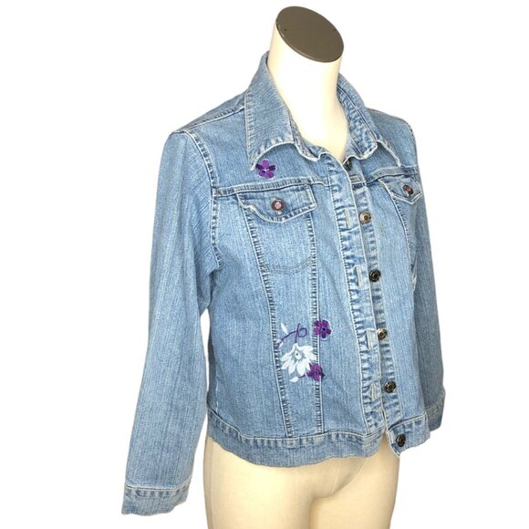 Jean Jacket Girls L Arizona Jean Co. Denim Jacket Purple Rhinestones Embroidery - Picture 3 of 13